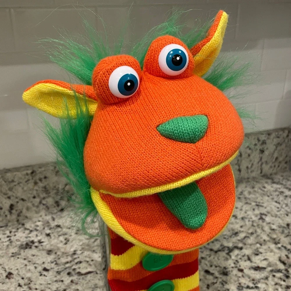 Buttons Knitted Hand Puppet The Puppet Company Orange Green Stripes Monster